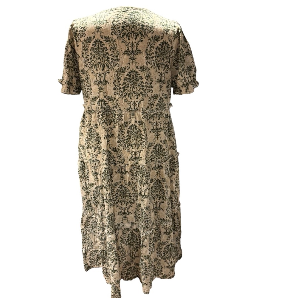 Green Damask Tiered Midi Dress Short Puff Sleeve Cotton Blend Pockets Cream #747 - Picture 2 of 9